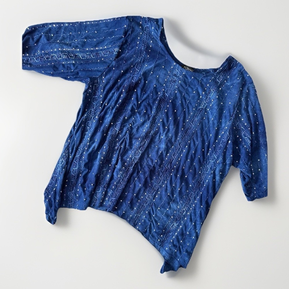 Shannon Ford 3/4 Sleeve Top Womens 3X Blue Embellished Sequins Stretch Tie Dye
